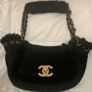 Authentic Chanel Vintage Black Shearling Suede Flap Bag 9-Series